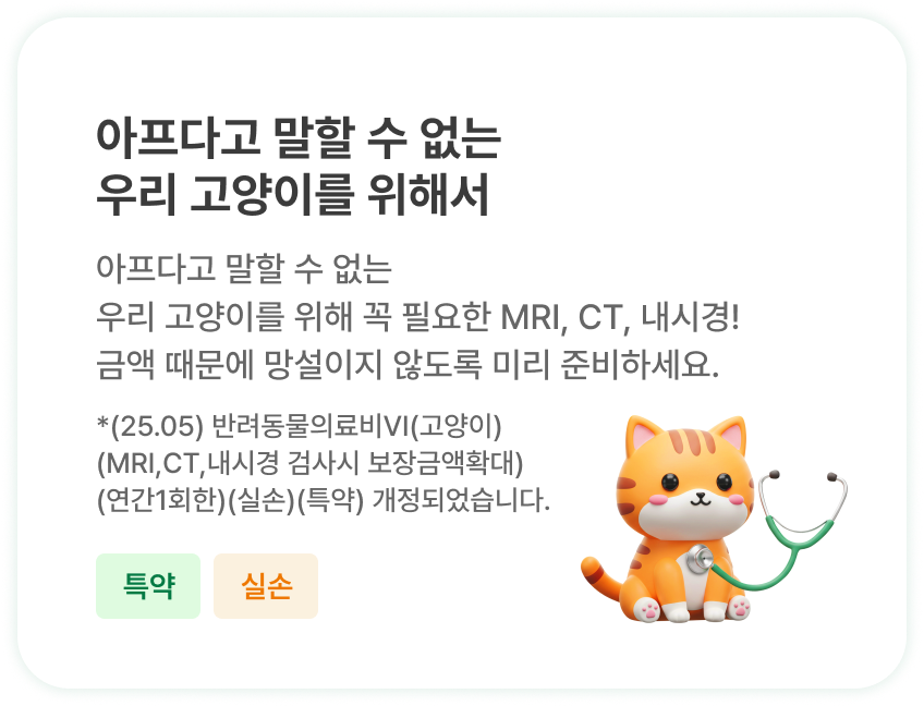아프다고 말할 수 없는 우리 고양이를 위해서 | 아프다고 말할 수 없는
                          우리 고양이를 위해 꼭 필요한 MRI, CT, 내시경!
                          금액 때문에 망설이지 않도록 미리 준비하세요.