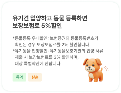 유기견 입양하고 동물 등록하면
                            보장보험료 5%할인 | *동물등록 우대할인: 보험증권의 동물등록번호가
                            확인된 경우 보장보험료를 2% 할인합니다.
                          *유기동물 입양할인: 유기동물보호기관의 
                            입양 서류 제출 시 보장보험료를 3% 할인하며, 
                            대상 특별약관에 한합니다.