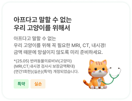 아프다고 말할 수 없는 우리 고양이를 위해서 | 아프다고 말할 수 없는 
                          우리 고양이를 위해 꼭 필요한 MRI, CT, 내시경!
                          금액 때문에 망설이지 않도록 미리 준비하세요.