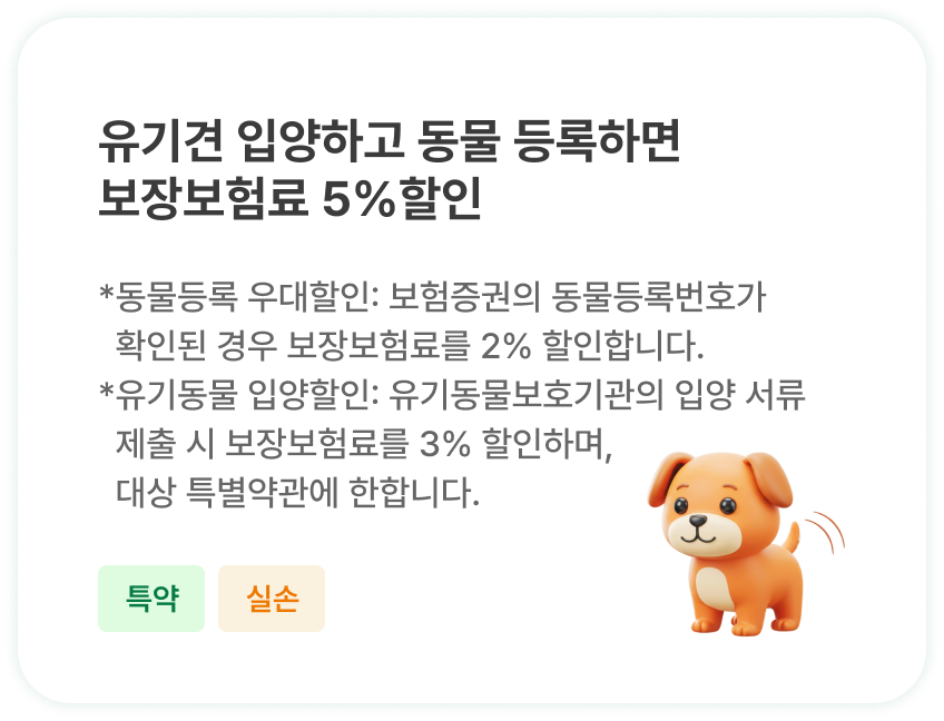 유기견 입양하고 동물 등록하면
                            보장보험료 5%할인 | *동물등록 우대할인: 보험증권의 동물등록번호가
                            확인된 경우 보장보험료를 2% 할인합니다.
                          *유기동물 입양할인: 유기동물보호기관의 
                            입양 서류 제출 시 보장보험료를 3% 할인하며, 
                            대상 특별약관에 한합니다.